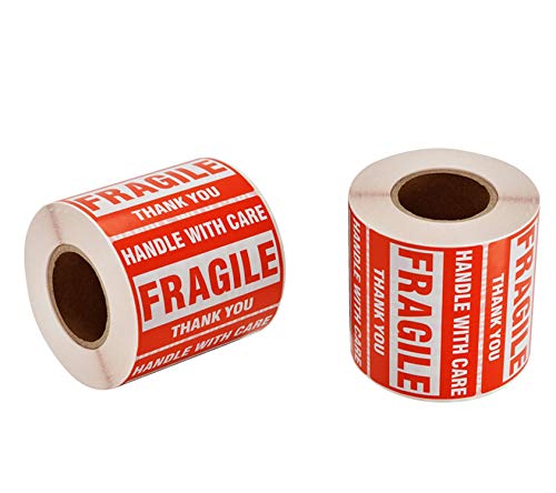 Immuson Warning Fragile Tape, 3"" X 2"" Fragile Handle with Care Warning Stickers for Shipping and Packing,500 Labels Per Roll (2 Rolls) - Image 1